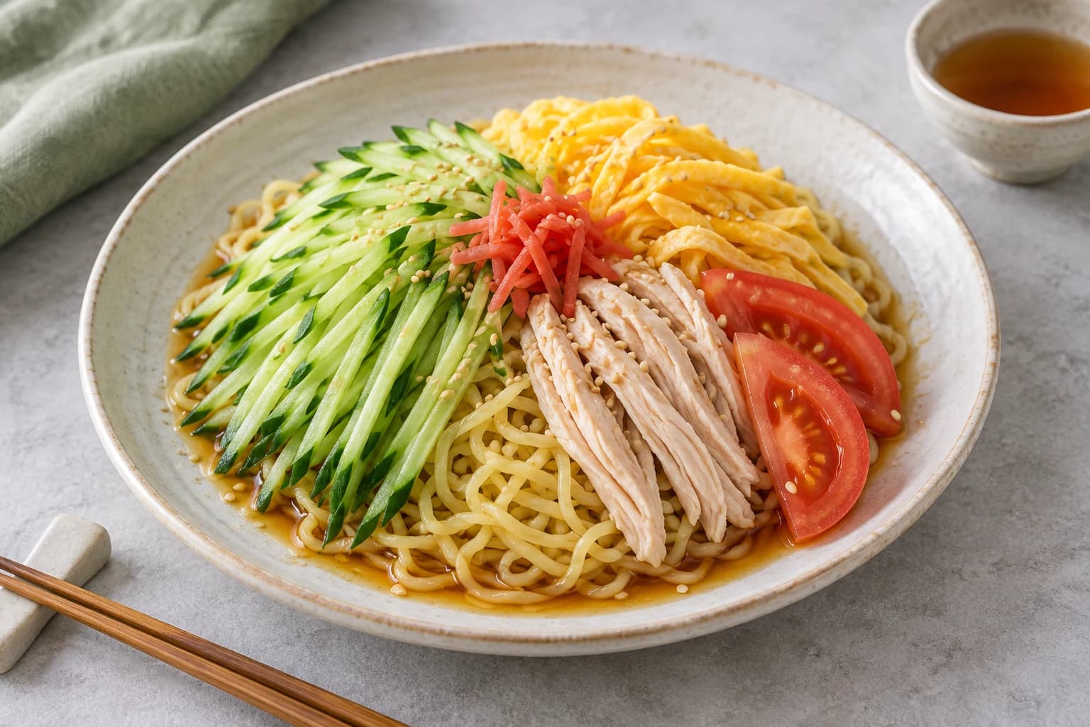 冷やし中華のしょうゆだれの盛り付けイメージ