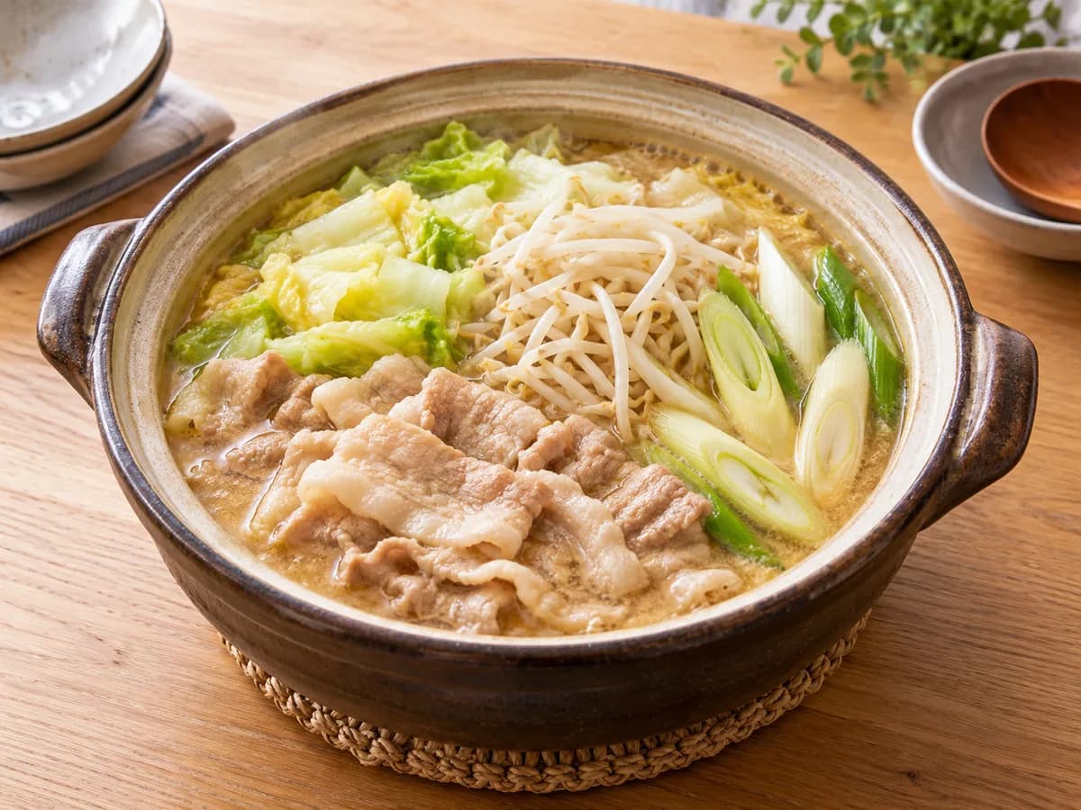 豚肉に合うにんにく味噌鍋スープの盛り付けイメージ