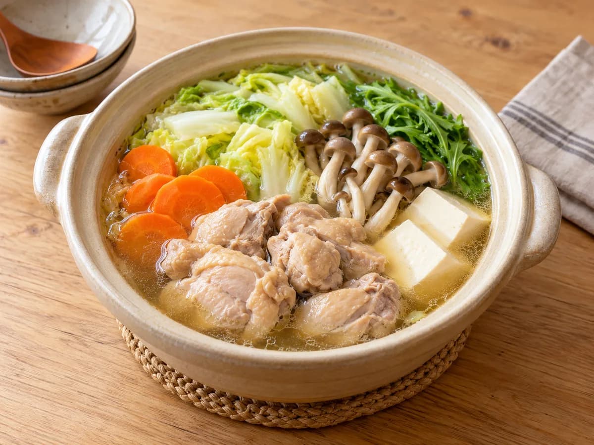 鶏ガラで作る塩ちゃんこ鍋スープの盛り付けイメージ